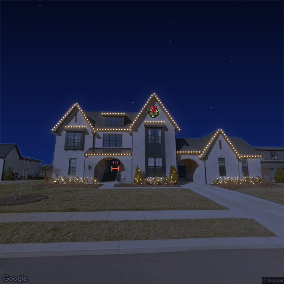 The same house at night with lights drawn in Rooflit.