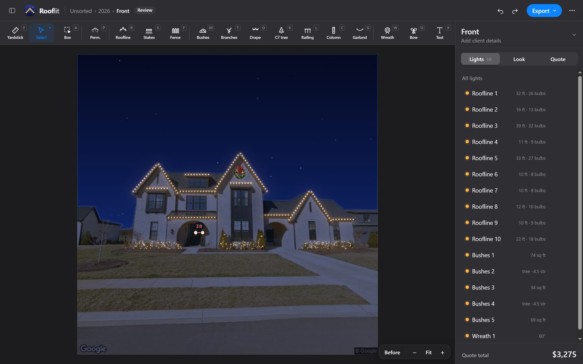 Rooflit with a house lit by roofline C9s, shrub lights and a wreath, and the list of every light with its footage and the quote total.