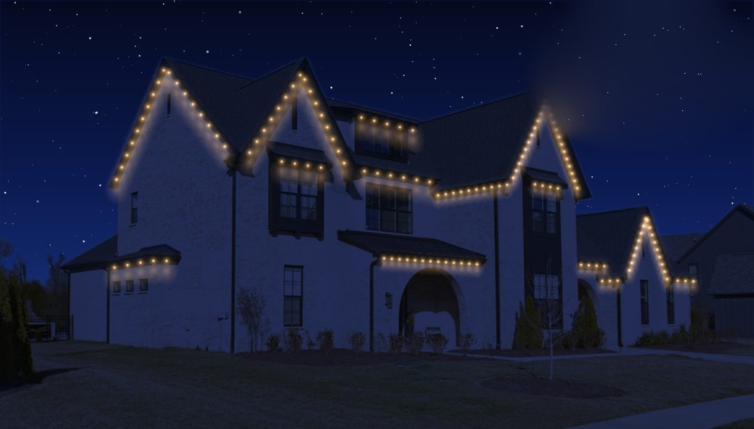 Another angle of the farmhouse, lit.